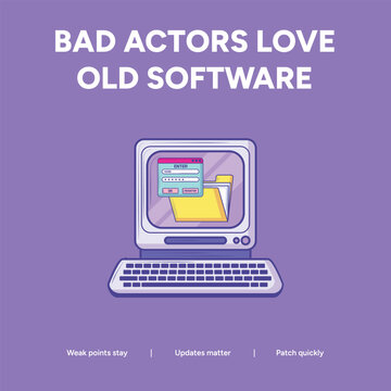Software patching and legacy system security illustration with a retro computer representing the vulnerabilities of using old or outdated software