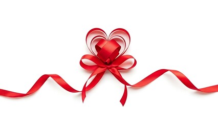 Red ribbon bow with heart shape isolated on white background