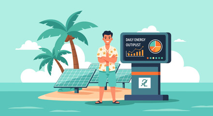 Fototapeta premium Man sitting on solar panel beach.