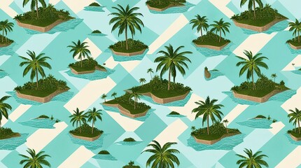 Seamless Tropical Island Pattern with Palm Trees &ndash; Surreal Ocean Vacation Background