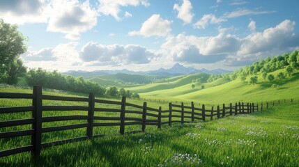 Peaceful Countryside with Rolling Hills and Wooden Fence Landscape