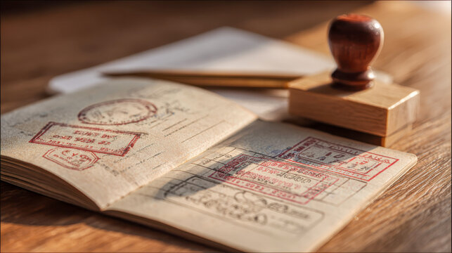 open passport filled with red entry and exit stamps rests on a wooden table beside a classic rubber stamp, symbolizing travel, adventure, and international journeys