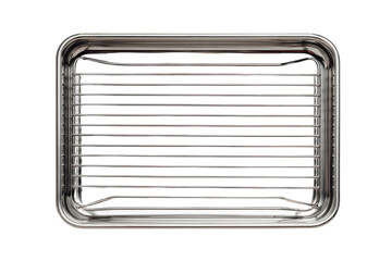 A silver pan with a grid pattern sits on a white background. The pan is empty and has a shiny, metallic appearance, png