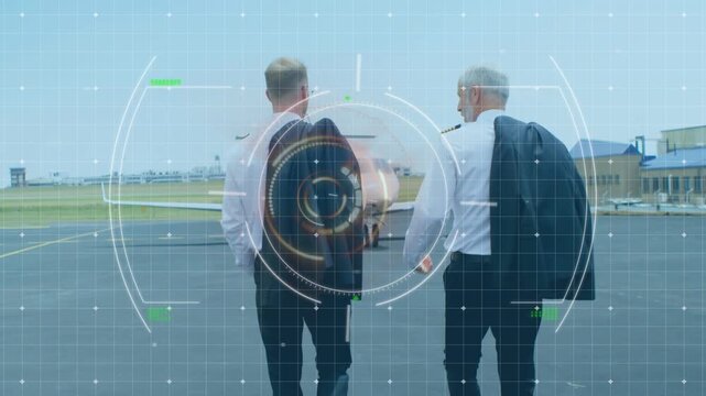 Animation of scopes and data processing over caucasian businessmen and airplane