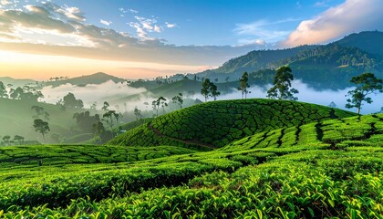 Tea plantation hills of Sri Lanka in soft morning mist, vibrant green tones, peaceful national identity mood, no people, no text