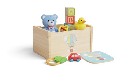 Fototapeta premium A collection of children's toys and objects in a wooden box, with a colorful background featuring a hot air balloon and a teddy bear.