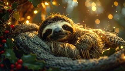 Fototapeta premium A cozy sloth resting amidst twinkling lights and festive foliage.