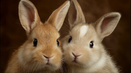 Two cute bunnies nuzzle closely, showcasing their soft fur and delightful expressions in warm light Generative AI