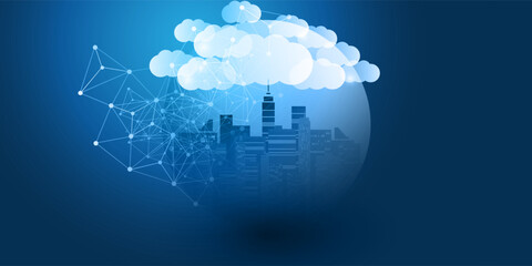 Dark Blue and White Smart City, Cloud Computing Design Concept with Transparent Globe and Cityscape, Tall Buildings, Skyscrapers Inside - Digital Polygonal Network Connections, Technology Background