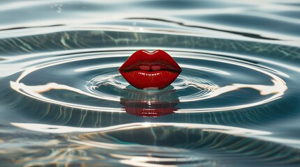 Surreal Red Lips Floating on Water &ndash; Glossy Beauty Concept Art Background