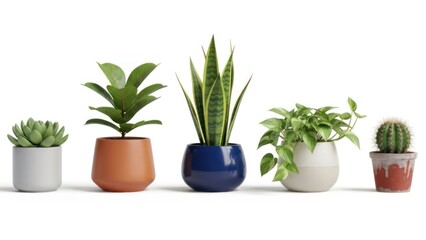 Fototapeta premium A collection of potted plants arranged in a row, each in a different colored pot, against a white background.