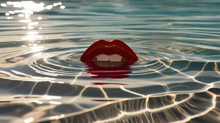 Surreal Red Lips Floating on Water &ndash; Glossy Beauty Concept Art Background