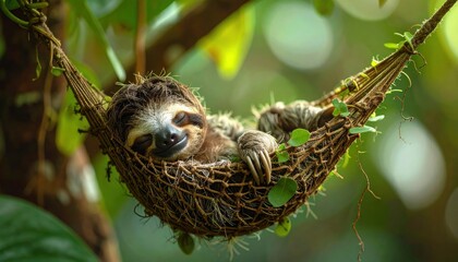 Fototapeta premium A Relaxing Sloth in a Hammock Surrounded by Lush Greenery.