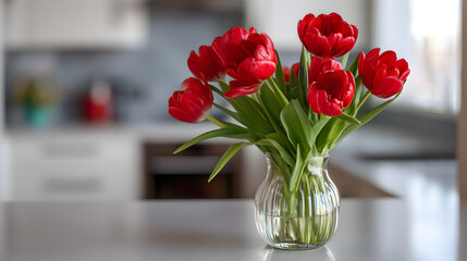 Fototapeta premium A bouquet of red tulips in a glass vase against the backdrop of a modern kitchen