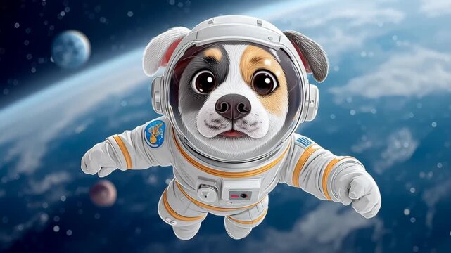 Astronaut dog floating in space with a joyful expression, showcasing a whimsical adventure among planets and stars, exploring the cosmos with a playful demeanor and vibrant space suit