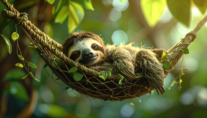 Fototapeta premium A serene sloth enjoys a peaceful nap in a hammock.