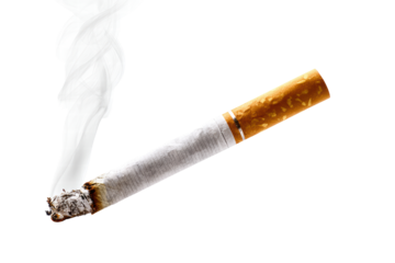 A cigarette is lit and smoking, with the smoke billowing out of the end. Concept of danger and harm, as smoking is known to cause numerous health problems, png