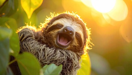 Fototapeta premium A Smiling Sloth in the Sunlight - A Moment of Joy in Nature.