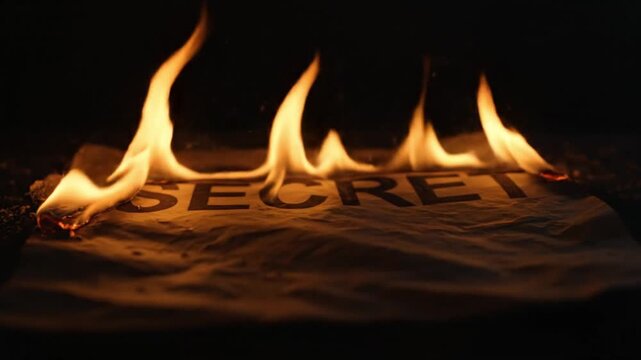 A suspenseful close-up shot features a crumpled piece of paper with the word "SECRET" printed in bold capital letters, engulfed in vibrant, orange and yellow flames against a dark, dramatic background