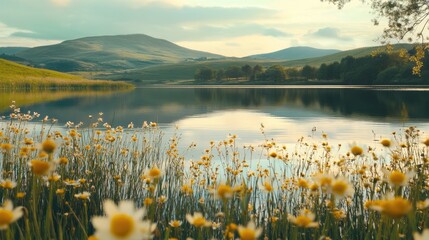 Serene Countryside Lake with Wildflowers and Reflected Hills in Tranquil Waters
