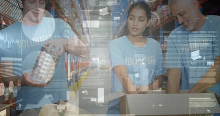 Animation of financial graphs over diverse female and male warehouse workers - Powered by Adobe