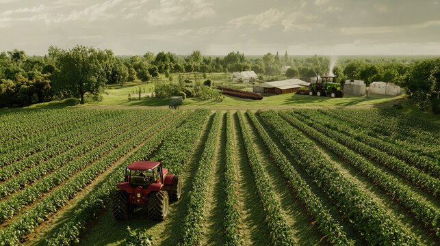 sprawling agricultural farm with fields of crops, tractors, and machinery involved in food production for a growing population