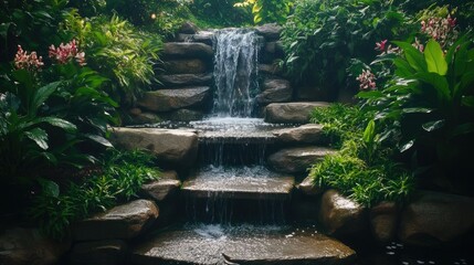 Stone Steps Leading to a Waterfall in a Lush Garden