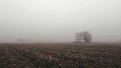 Fototapeta premium Wide field under dense fog with low contrast sky representing solitude nature and rural environment