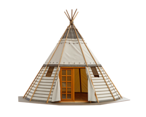 White teepee with wooden frame and open door on white background isolated on a transparent background