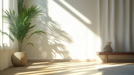Sunlit room with palm leaves casting shadows on a white wall.