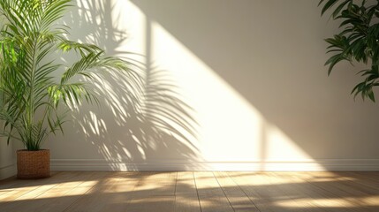 Sunlit room with palm leaves casting shadows on a white wall.
