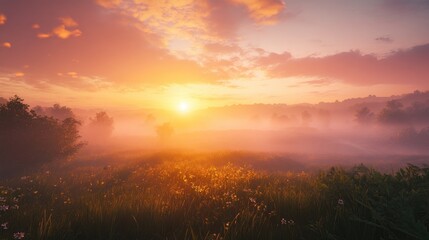 Tranquil Countryside Sunrise with Misty Rolling Hills and Warm Illuminating Light