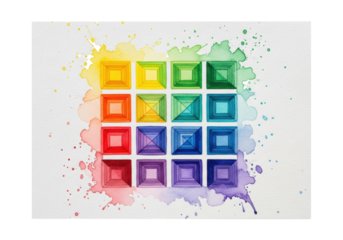 highly detailed watercolor color mixing grid illustrating spectrums and complements on textured paper, wet-on-wet technique, isolated flat lay on white. concept of artistic color theory