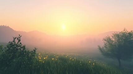 Tranquil Countryside Sunrise with Misty Rolling Hills and Warm Illuminating Light