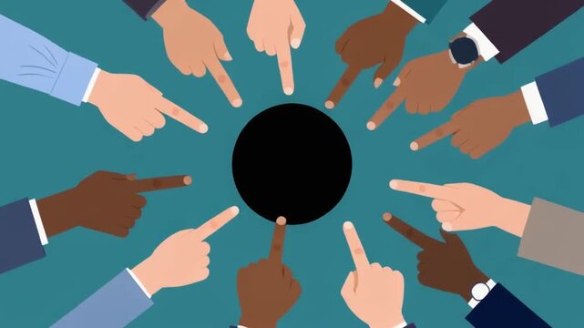 Diverse group of people pointing to a central black circle on teal background for teamwork or accusation concept