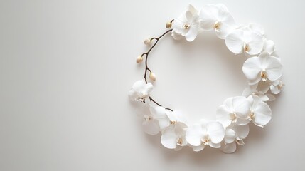 Minimalist white orchid wreath with space for text, sophisticated, classy, clean, luxury
