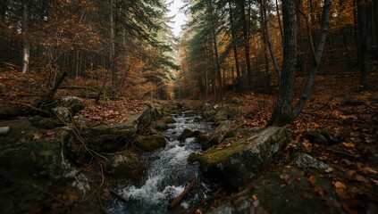 Obraz premium Calm creek running between trees in autumn forest creating peaceful natural landscape