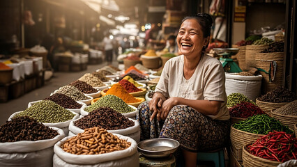 A smiling woman sits at a bustling market stall filled with colorful spices and dried goods, embodying the vibrant atmosphere of local commerce