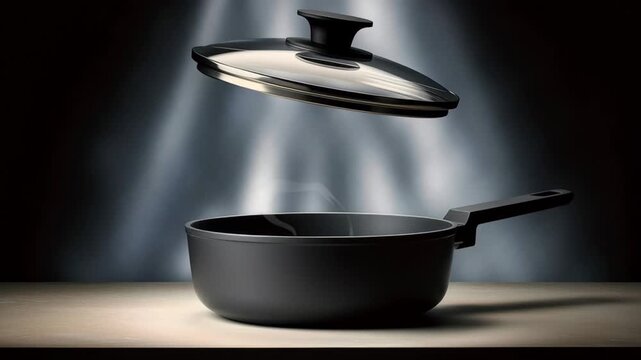 Black cooking pot with transparent lid floating above, showcasing steam rising from inside, emphasizing culinary preparation and the art of cooking in a visually striking presentation