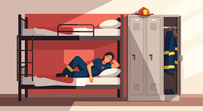 Firefighter resting on bunk bed.