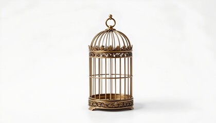A golden cage with an open door, placed against a plain background.