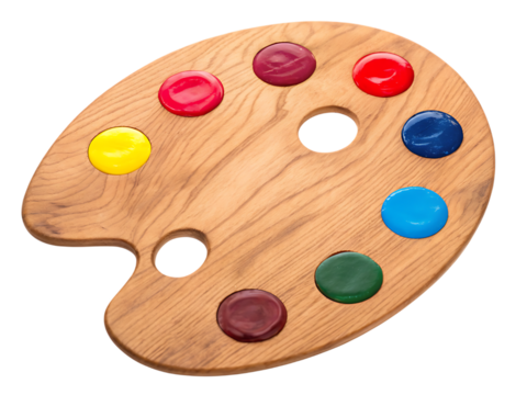 Wooden painter's palette with color samples on white background isolated on a transparent background - Powered by Adobe