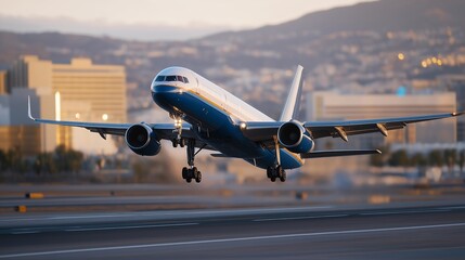 Naklejka premium Modern jet aircraft captured at the moment of takeoff from an international airport, landing gear extended and runway visible, highlighting commercial aviation, flight operations, and long distance