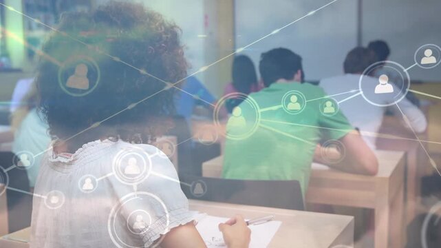Network of profile icons against diverse group of students studying in the class at college
