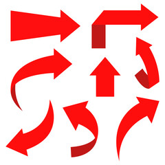 Set of red 3D arrows in various directions and curves