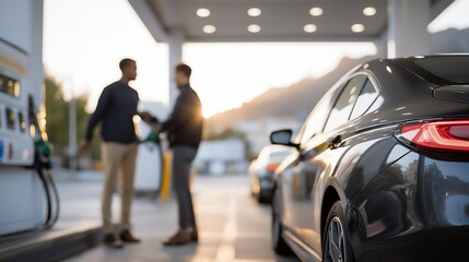 Modern gas filling station with clean pumps and customers refilling fuel tanks, illustrating automotive infrastructure, efficiency, and everyday mobility support. cinematic color correction,