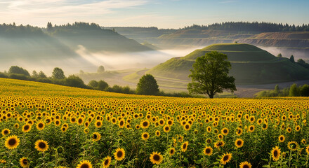 Fototapeta premium Agronomists examining experimental plants in a vast field of sunflowers under a serene landscape
