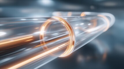 An advanced IT concept shows a continuous data stream that flows inside a glowing pipeline, with soft ambient light emphasizing speed, connectivity, and innovation. cinematic color correction,
