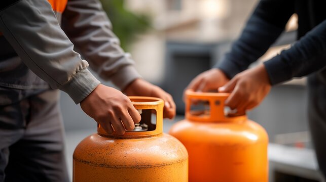 People interacting with natural gas or LPG gas bottles during installation or replacement, realistic scene expressing energy access, safety responsibility, and practical fuel use. cinematic color