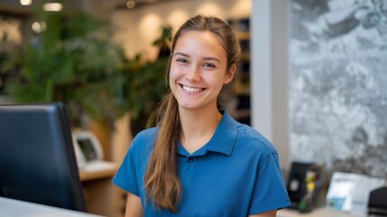 Inside a busy animal healthcare facility, a smiling receptionist is seen greeting pet owners and their companion in vet reception, emphasizing comfort and first impressions. cinematic color